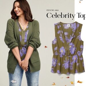 CAbi Celebrity Floral Print V-Neck Sleeveless Peplum Top